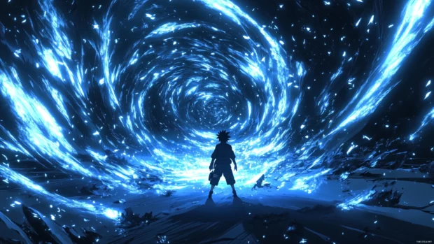 Shippuden Naruto surrounded by glowing kunai and swirling wind, Naruto anime scenes for PC screens.
