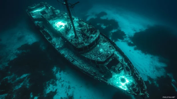 Shipwreck glowing faintly with neon algae.