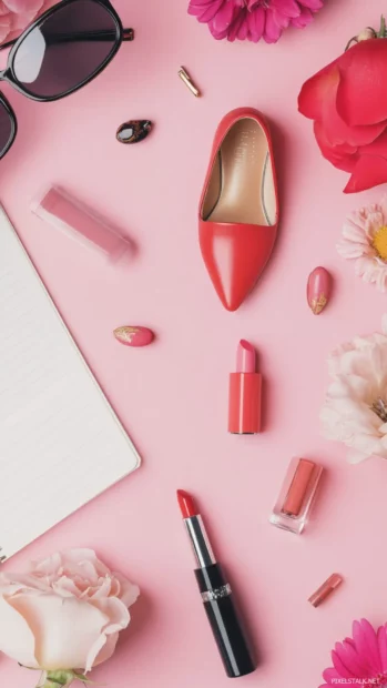 Shoes, lipstick, and diary pages arranged neatly on pink background.