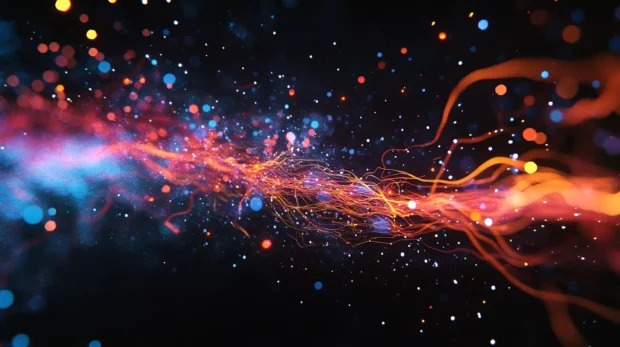 Shooting neon meteors through blackened atmosphere.