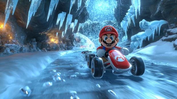 Shy Guy speeds through an icy cavern as icicles crash around him in Mario Kart.