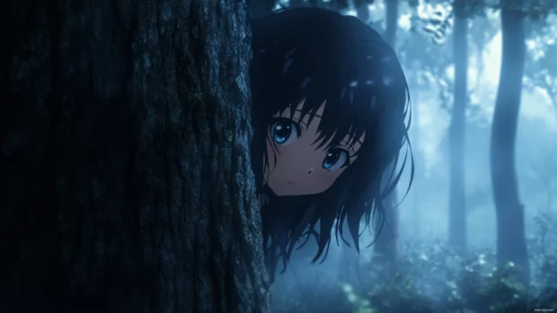 Shy anime girl peeking from behind an ancient tree in a misty forest.