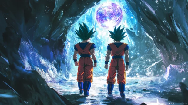 Side by side, Goku and Vegeta walk through a corridor of glowing Ki crystals.