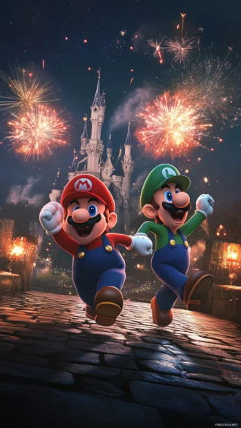 Side by side, Mario and Luigi dash toward the castle with fireworks bursting behind them.