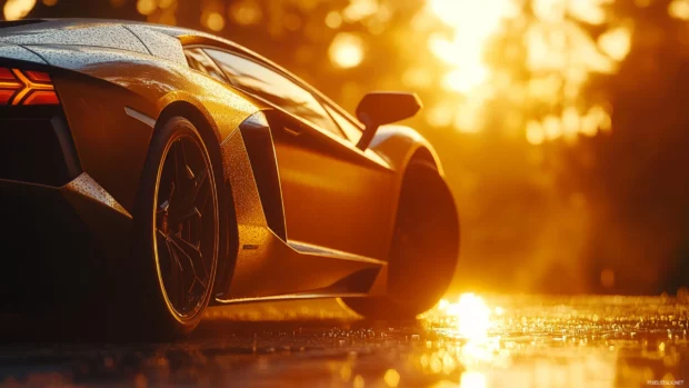 Side profile of Aventador parked at sunset with glowing flares and lens blur.