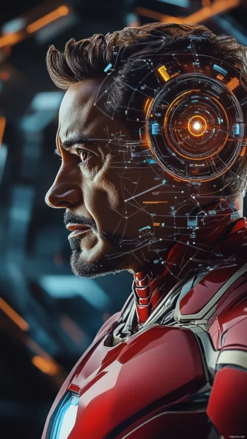 Side profile of Iron Man with HUD elements overlay.