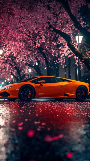 Side profile of Lamborghini passing cherry blossom petals under street lamps.