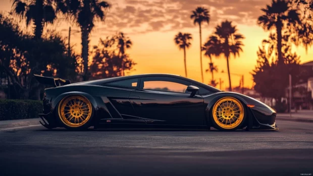 Side profile of a black Lamborghini with gold wheels under twilight sky.