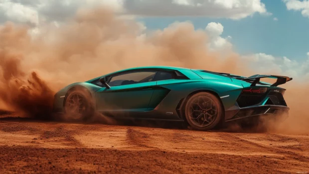 Side profile of a turquoise Lamborghini drifting through a red clay desert with dust clouds.