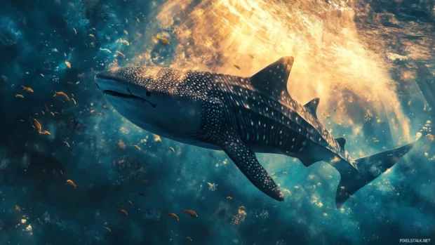 Side profile of whale shark with dappled sunlight across its back.