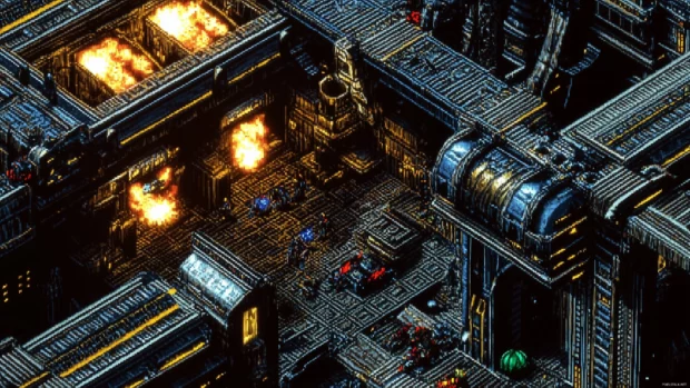 Side scrolling battle heroes, vibrant neon highlights, classic style.