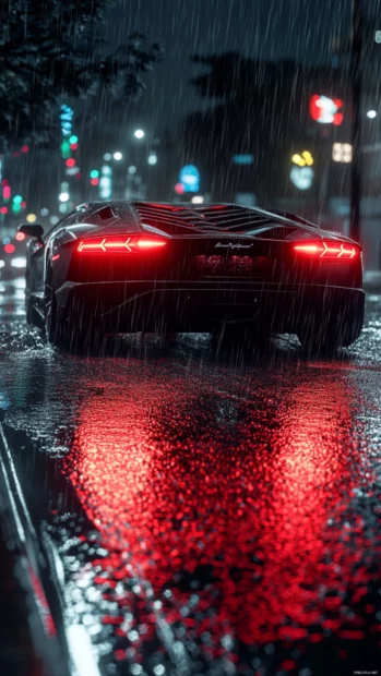 Side view of Aventador as it cuts through rain with glowing red taillights.
