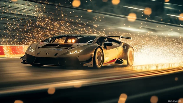 Side view of Lamborghini Huracan on a racetrack corner with sparks from the asphalt.