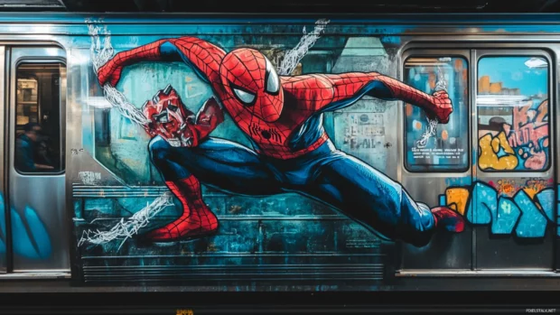 Side view of Spider Man clinging to a subway train wall.