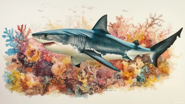 Side view of a great white shark gliding beside coral cliffs.