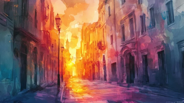 Silent city streets bathed in watercolor sunset glow.