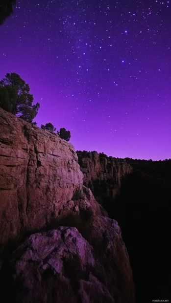 Silent cliffs crowned with purple constellations.