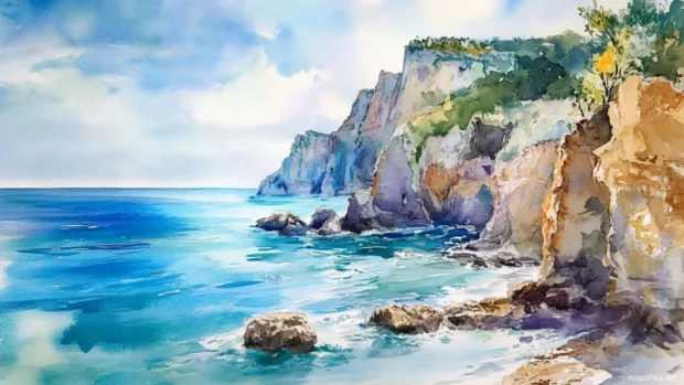 Silent coves hidden along watercolor ocean cliffs.