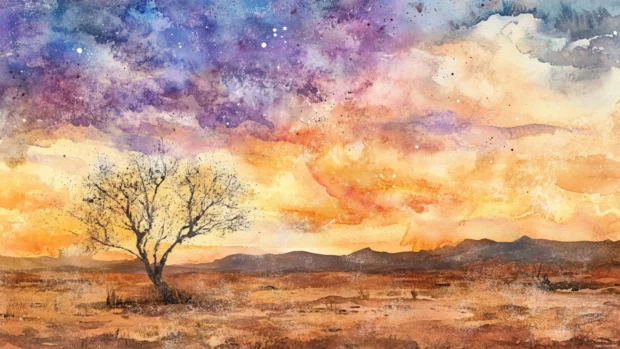 Silent desert landscape under vast watercolor twilight skies.