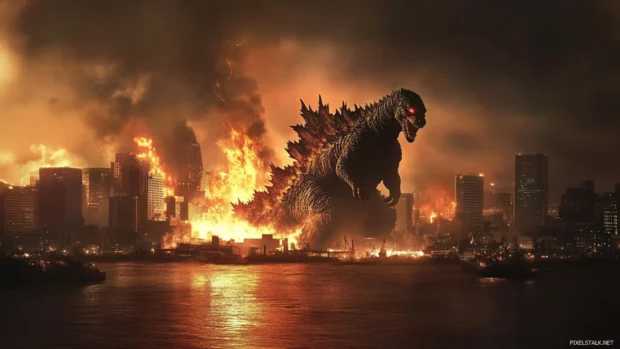 Silent destruction follows Shin Godzillas massive shape into the distance.