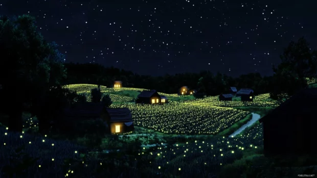 Silent farms glowing under black starry heavens.