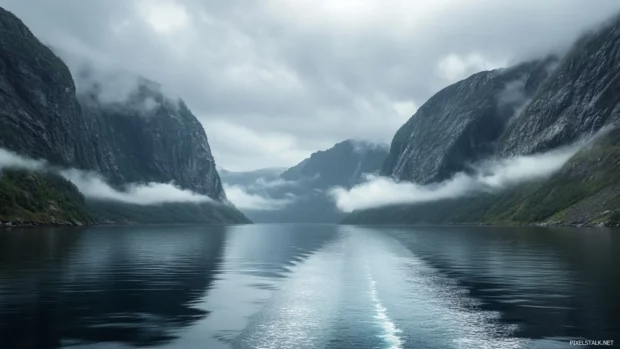 Silent fjords crowned by swirling nebulae.