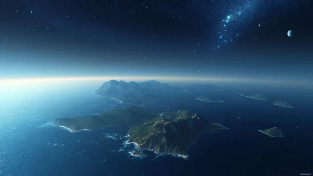 Silent islands adrift beneath pale starfields.
