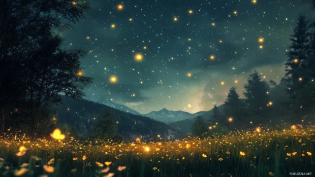 Silent meadows bathed in falling constellations, revealing the magic of 4k stars night desktop background.