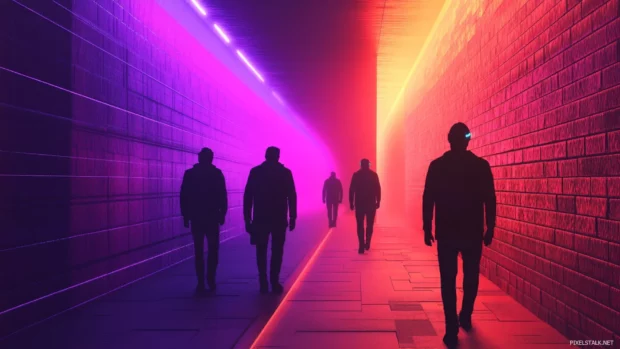 Silent neon lit alley patrolled by cybernetic guards.