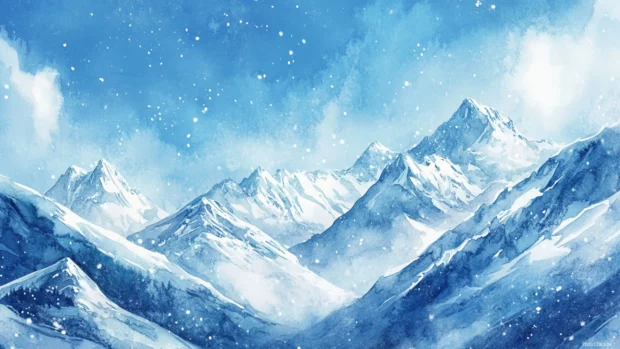Silent snowy watercolor mountains under a deep blue sky.