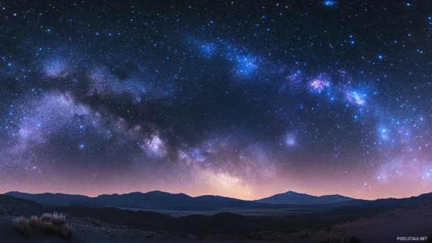 Silent valleys stretching into distant constellations, setting a timeless backdrop for deep space starry sky background.