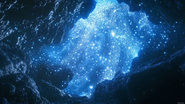 Silent valleys under a ceiling of blue stars.