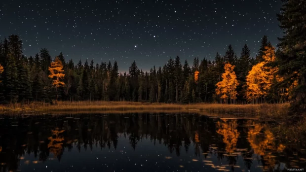 Silent woods shimmering under black starry skies.