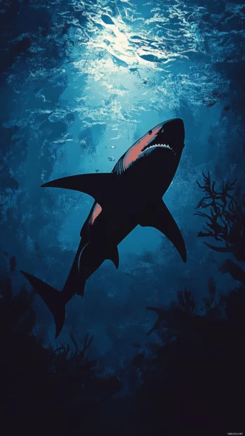 Silhouette based shark iPhone wallpapers with minimalist deep sea effect.
