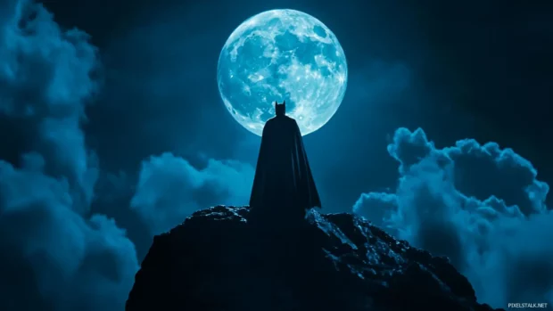 Silhouette of Batman under full moon, must have Batman desktop wallpaper.