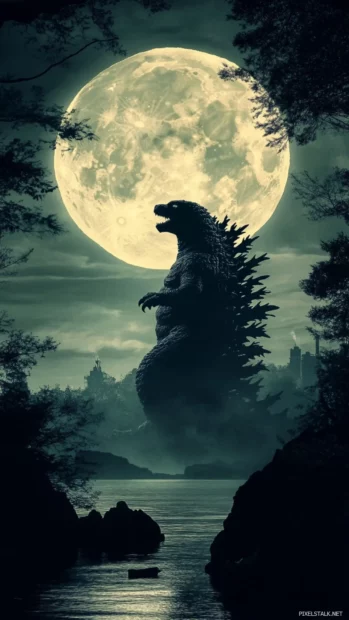Silhouette of Godzilla against the full moon over a quiet bay.