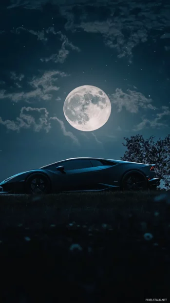 Silhouette of Lamborghini parked on hill under full moon.