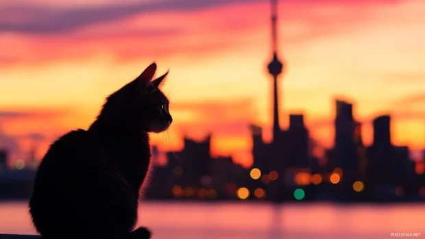 Silhouette of a cat against a vibrant city skyline at dusk.