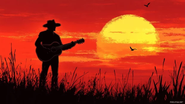 Silhouette of a cowboy strumming guitar during sunset, Western music background HD.