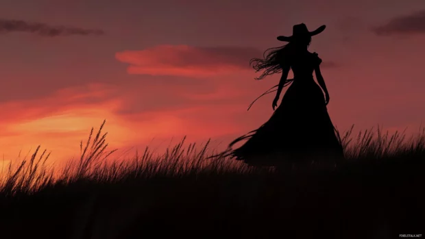 Silhouette of a cowgirl outlined by twilight on the open prairie.