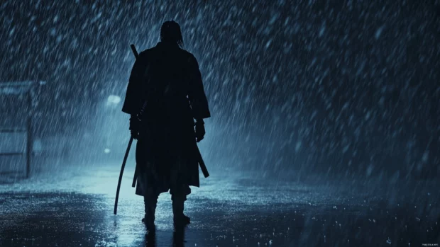Silhouette of a lone samurai standing in the dark rain.