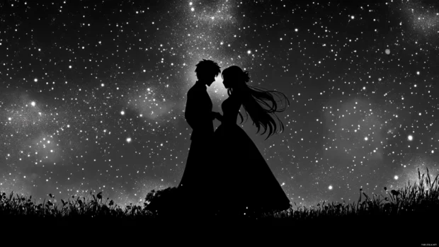 Silhouette of anime couple under stars, dreamy style, fits Anime Wallpapers 4K PC audience.