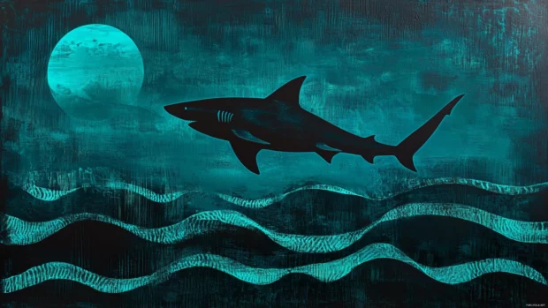 Silhouette of shark above glowing ocean ridges.