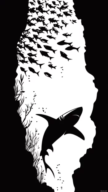 Silhouette of shark surrounded by fish swarm near rocky wall.