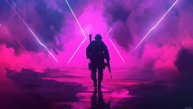 Silhouette of warrior walking through neon battlefield.