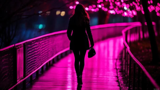 Silhouette walking along pink neon pathway.