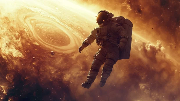 Silhouetted against Jupiter, the astronaut floats calmly in space.