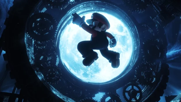 Silhouetted by moonlight, Mario jumps through a clock tower stage full of gears.