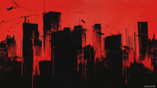 Silhouetted cityscape covered in bold black and red graffiti.