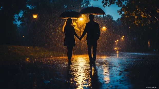 Silhouetted couple holding hands under an umbrella in the rain.